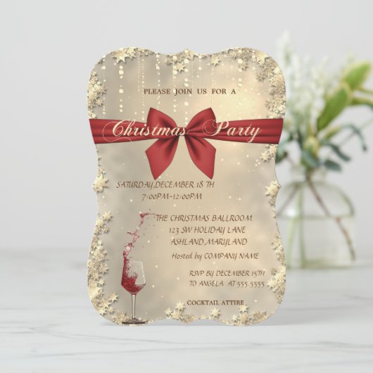 Kerstroodbruin, wijnglas, gouden partij kaart (Staand voorkant)
