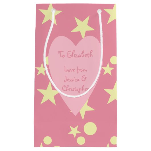 Kerstroze en geel met sterren en sneeuwman klein cadeauzakje (Voorkant)