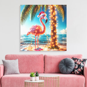 Kerstroze flamingo in verwarde lichten canvas afdruk