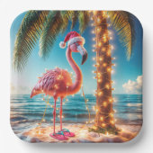 Kerstroze flamingo in verwarde lichten papieren bordje (Voorkant)