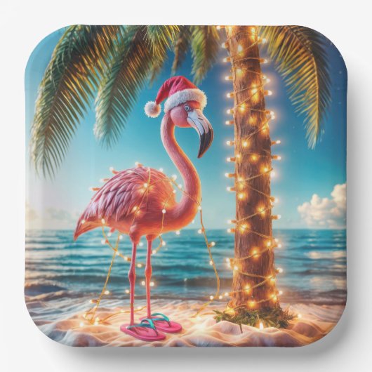 Kerstroze flamingo in verwarde lichten papieren bordje (Voorkant)