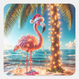 Kerstroze flamingo in verwarde lichten vierkante sticker