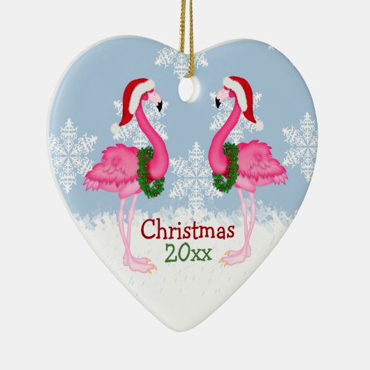 Kerstroze flamingo met kersthats keramisch ornament (Rechts)