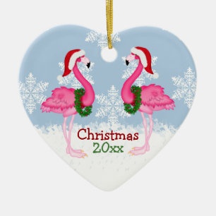 Kerstroze flamingo met kersthats keramisch ornament