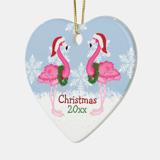 Kerstroze flamingo met kersthats keramisch ornament (Links)