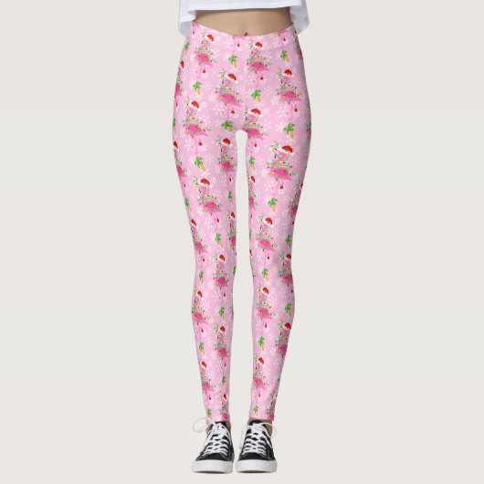 kerstroze Flamingo patroon Leggings (Voorkant)