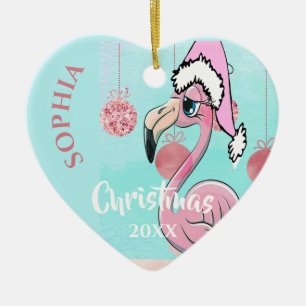 Kerstroze flamingo Santa Photo Blue Cute Keramisch Ornament