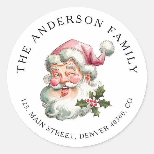 Kerstroze Santa retour adreslabel Ronde Sticker (Voorkant)