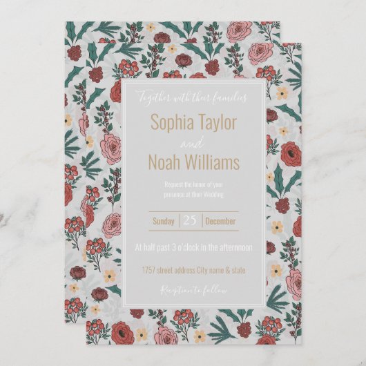 kerstRozen Berries Floral Grey Pattern (Voorkant / Achterkant)