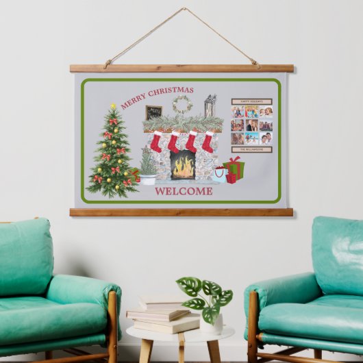 kerstscène Fireplace Gifts Photo Collage Hangend Wandkleed (Woonkamer)