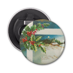 Kerstscène Holly Snow Winter Button Flesopener