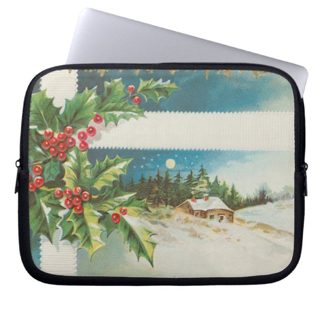 Kerstscène Holly Snow Winter Laptop Sleeve (Voorkant)