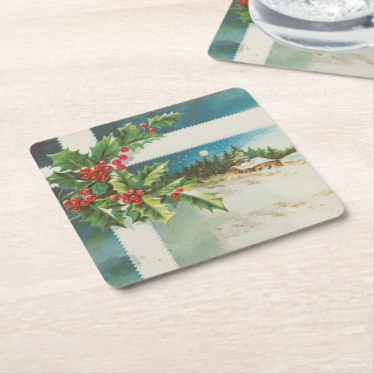 Kerstscène Holly Snow Winter Vierkante Kartonnen Onderzetter (Schuin)