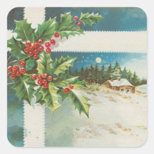 Kerstscène Holly Snow Winter Vierkante Sticker