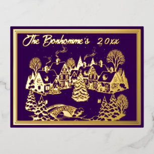 Kerstscène in goud met Paarse Folie Feestdagen Briefkaart