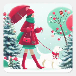 Kerstscène meisje loopt met hond vierkante sticker