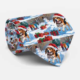 Kerstscene met Beagle in sneeuw Stropdas