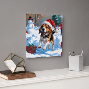 Kerstscene met Beagle in sneeuw Vierkante Klok