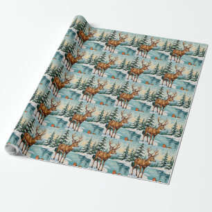 Kerstscène met herten en roodborstjes in vintage s cadeaupapier