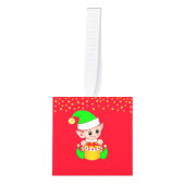 Kerstschatje op rood en goud kubus ornament (Voorkant)