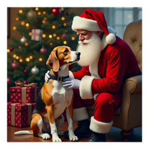 Kerstschilderij van Beagle ontmoet Kerstman Perfect Poster