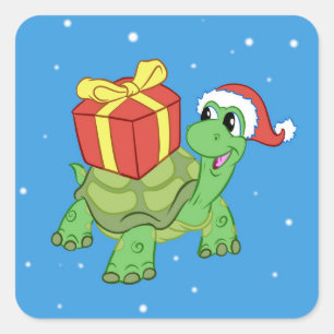 kerstschildpad met cadeau vierkante sticker
