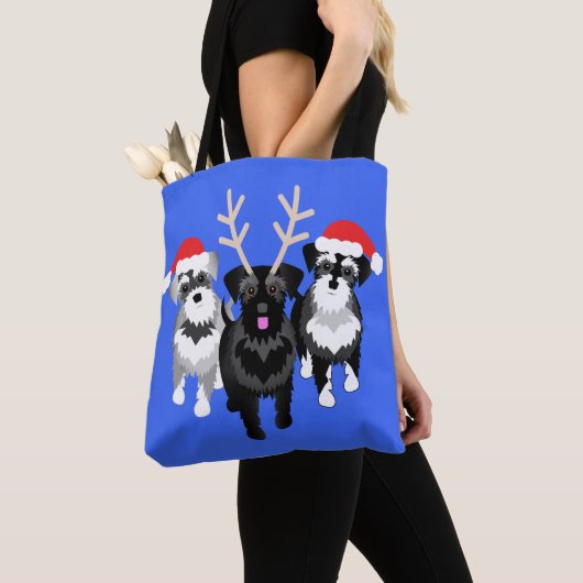 Kerstschnauzers blauw draagtas (Dichtbij)