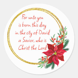 Kerstschrift Lucas 2:11 Poinsettia Ronde Sticker