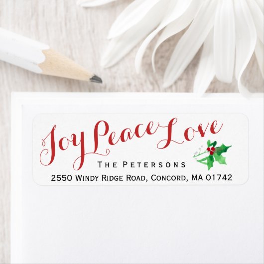 Kerstscript Joy Peace Love Holly Custom Etiket (Insitu)