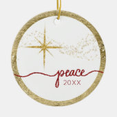 kerstscript Peace Star Gold Red Glitter-foto Keramisch Ornament (Voorkant)