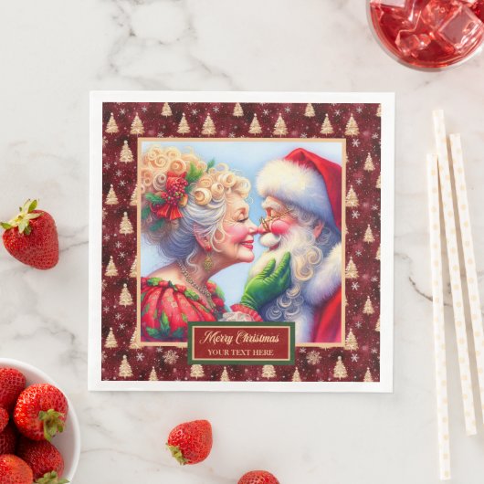 Kerstservetten Rood Goud Groen Mr & Mrs Claus Servet (Insitu)
