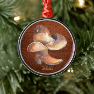 Kerstsieraad Cowboy-Pet en -schoenen op leder Metalen Ornament