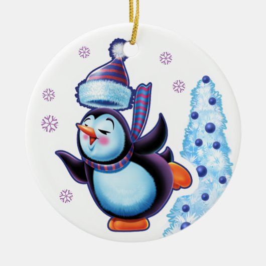Kerstsieraad, dubbelzijdig pinguïn/sneeuwman keramisch ornament (Voorkant)