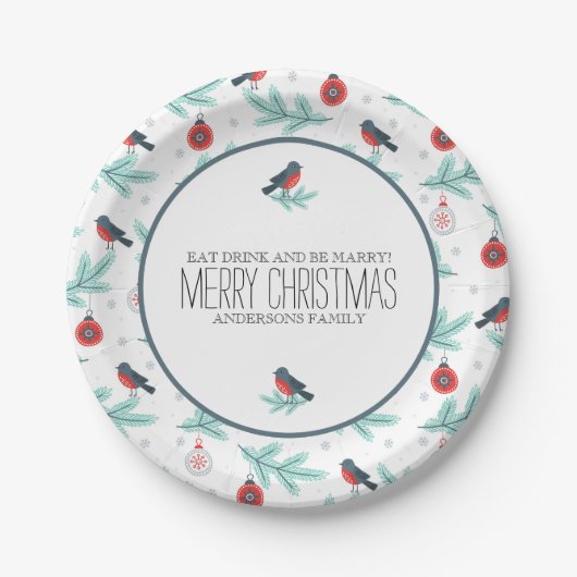 Kerstsieraden Winterfoliage en vogelpatroon Papieren Bordje (Voorkant)