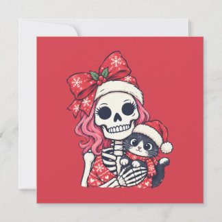 Kerstskeletmeisje met kat feestdagenkaart