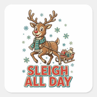 Kerstslede Hele Dag Vintage Rendier Retro Kerstmis Vierkante Sticker