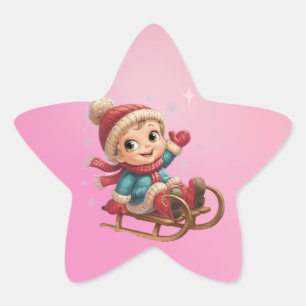Kerstslee Ride met Schattig Winterkind Ster Sticker