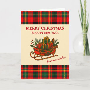 Kerstslee vintage met cadeaus en ruitdessin feestdagen kaart