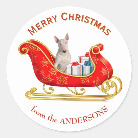 Kerstslee Witte Bull Terrier Hond Ronde Sticker (Voorkant)