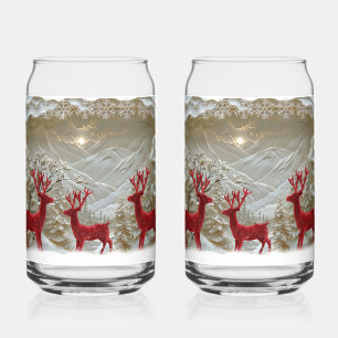 Kerstsneeuw Rode Fluwelen Rendier Besneeuwde Berg Blikvorm Glas