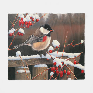 Kerstsneeuw Zwarte Pet Chickadee Red Berries Fleece Deken
