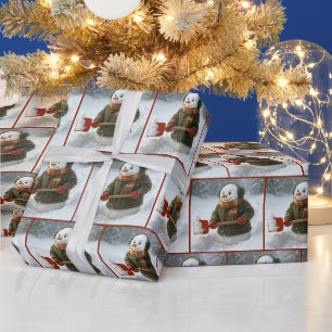 Kerstsneeuwman die sneeuw schept cadeaupapier