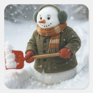 Kerstsneeuwman die sneeuw schept vierkante sticker