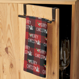 Kerstsneeuwman en boom op Buffalo Plaid Theedoek