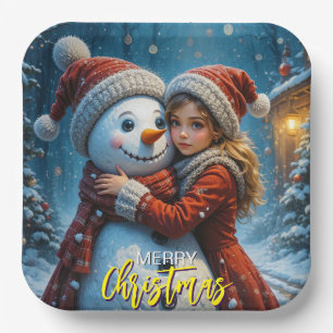 Kerstsneeuwman en een meisje papieren bordje