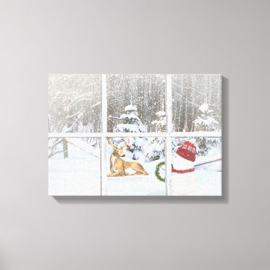 Kerstsneeuwman en -hert in raamruit canvas afdruk (Voorkant)