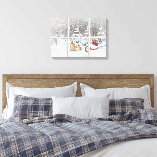 Kerstsneeuwman en -hert in raamruit canvas afdruk (Insitu (Slaapkamer))