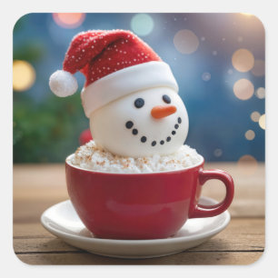 Kerstsneeuwman in warme chocolademelk vierkante sticker