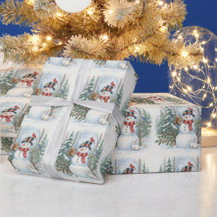 Kerstsneeuwman met bosdieren en vogels cadeaupapier