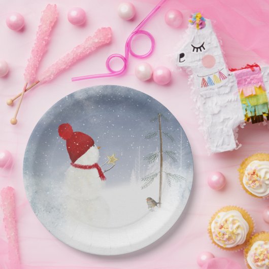 Kerstsneeuwman met gouden ster papieren bordje (Feest)